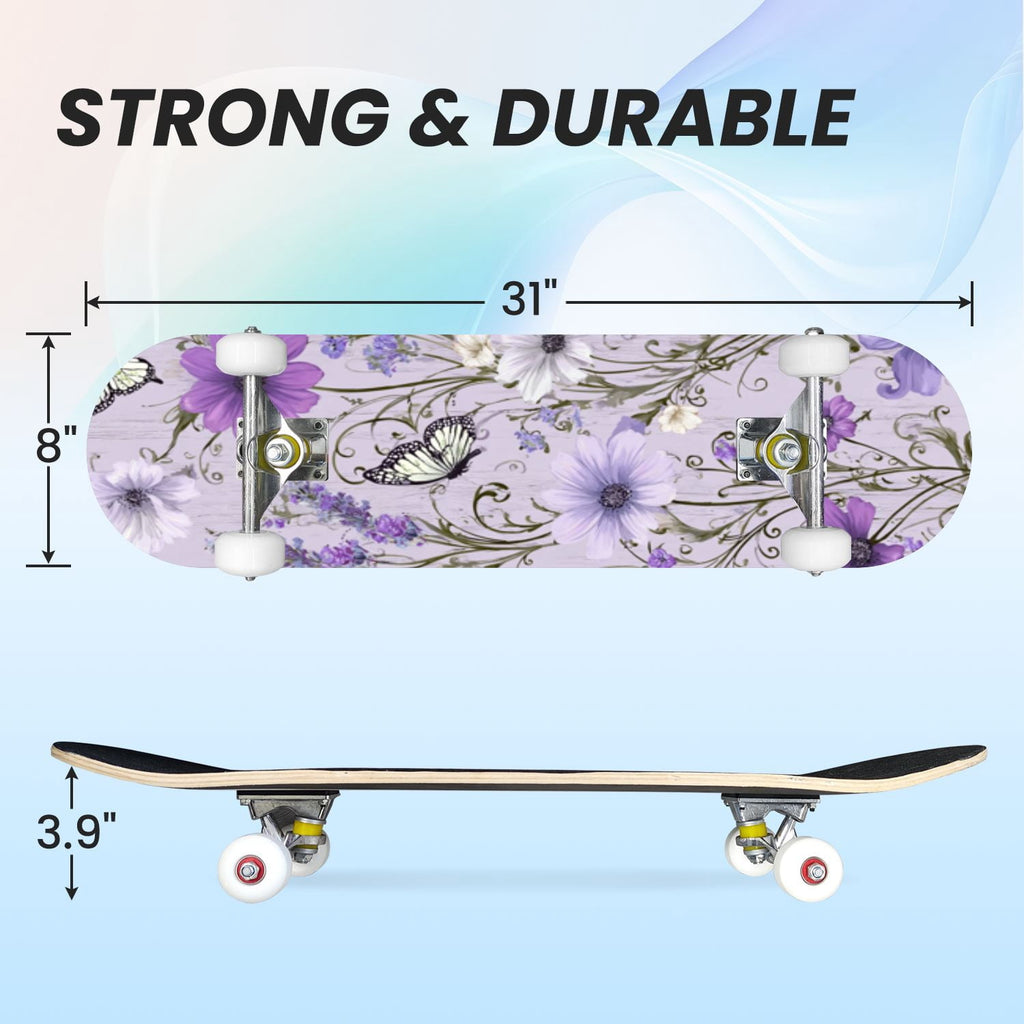 31"x8" Complete Skateboards for Beginners,Farmhouse Floral Daisy Flower Rustic Wood Board Double Kick 7 Ply Canadian Maple Deck Skateboard with Wheels, Gifts for Kids Teens