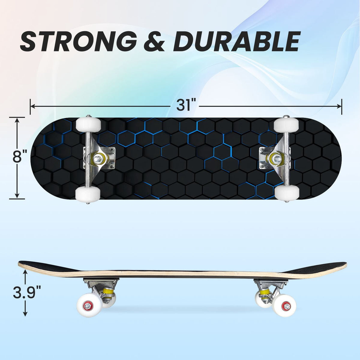 31"x8" Complete Skateboards for Beginners,Black Hexagon Honeycomb Glowing Blue Accents Double Kick 7 Ply Canadian Maple Deck Skateboard with Wheels, Gifts for Kids Teens