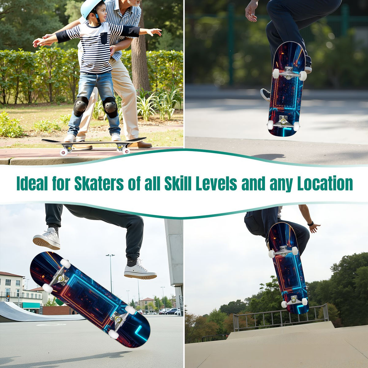 Futuristic Glowing Orange Neon Lines Dark Metallic Panels 31" x 8" Complete Skateboard, 7-Ply Canadian Maple Double Kick Trick Board for Kids and Beginners Adult Gifts