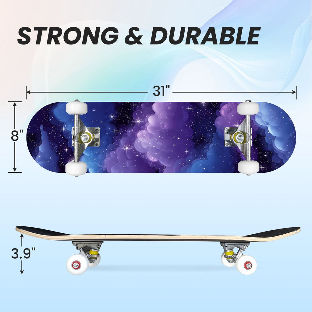 31"x8" Complete Skateboards for Beginners, Pastel Sky Fluffy Clouds Pink Purple Blue Summer Decor Double Kick 7 Ply Canadian Maple Deck Skateboard with Wheels, Gifts for Kids Teens