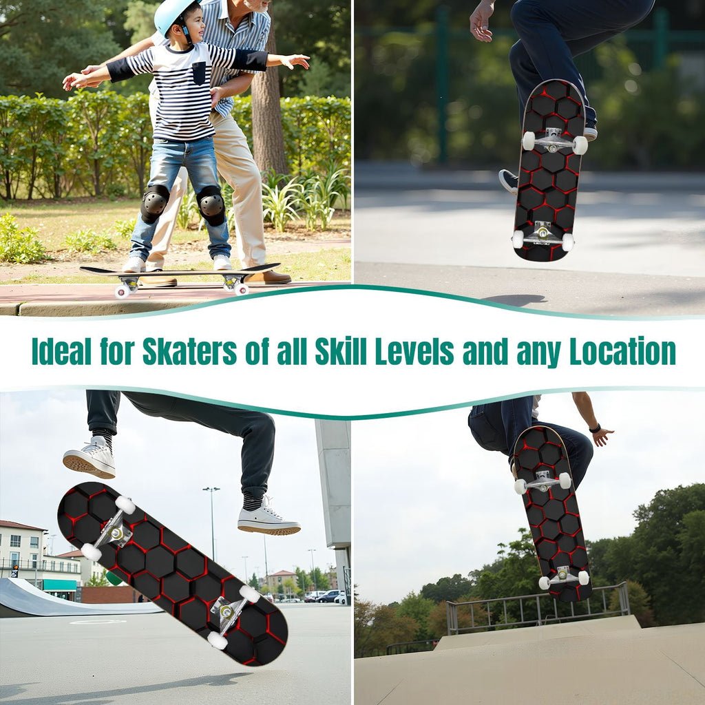 31"x8" Complete Skateboards for Beginners,Black Hexagon Honeycomb Glowing Blue Accents Double Kick 7 Ply Canadian Maple Deck Skateboard with Wheels, Gifts for Kids Teens