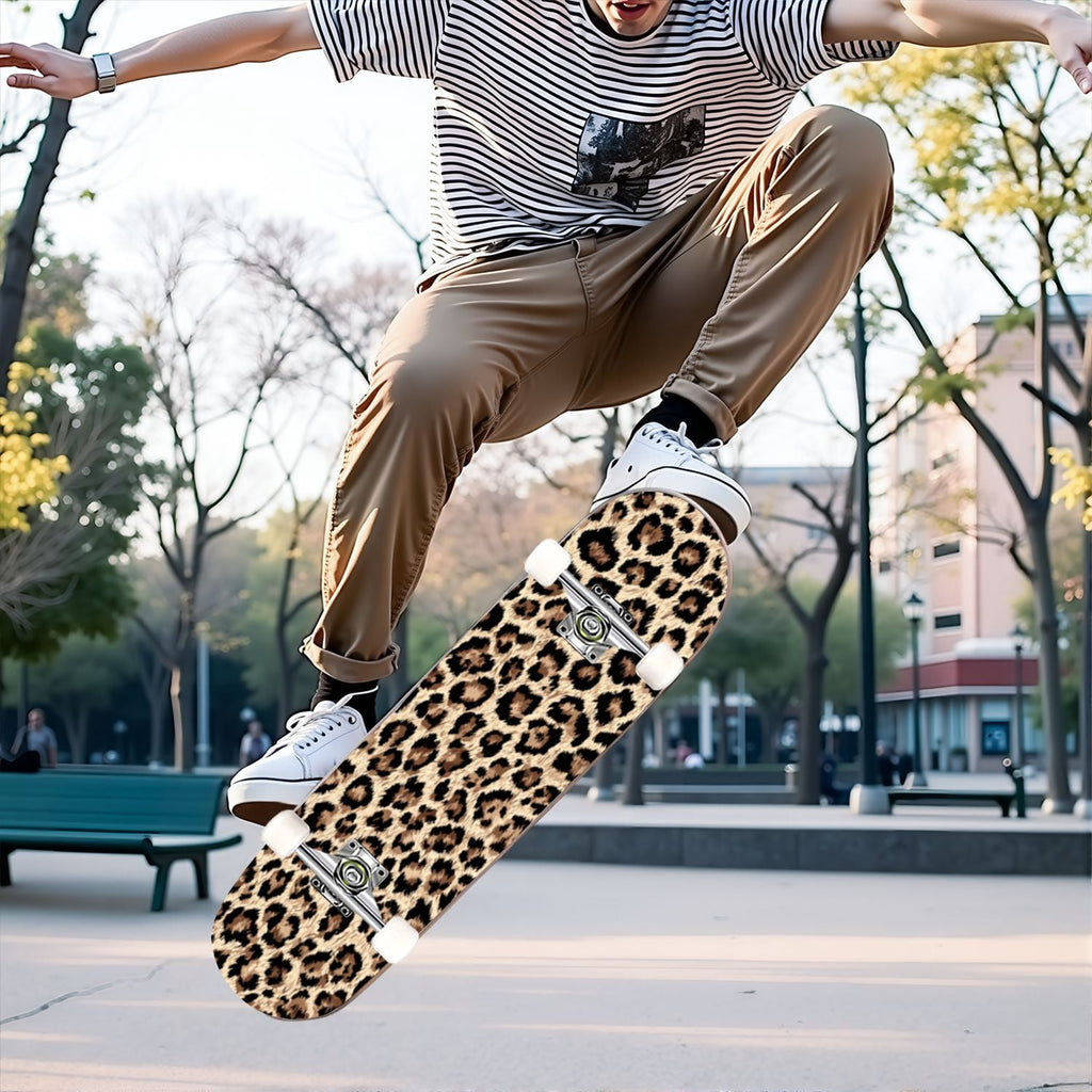 31"x8" Complete Skateboards for Beginners,Black Leopard Print Grey Double Kick 7 Ply Canadian Maple Deck Skateboard with Wheels, Gifts for Kids Teens