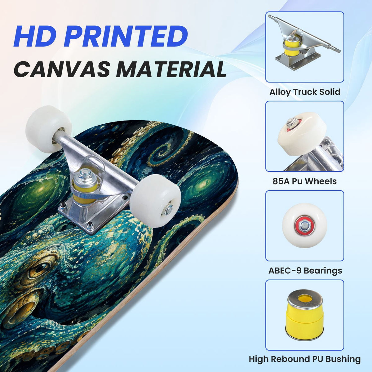 31"x8" Complete Skateboards for Beginners, Colorful Cosmic Octopus Tentacles Starry Marine Life Double Kick 7 Ply Canadian Maple Deck Skateboard with Wheels, Gifts for Kids Teens