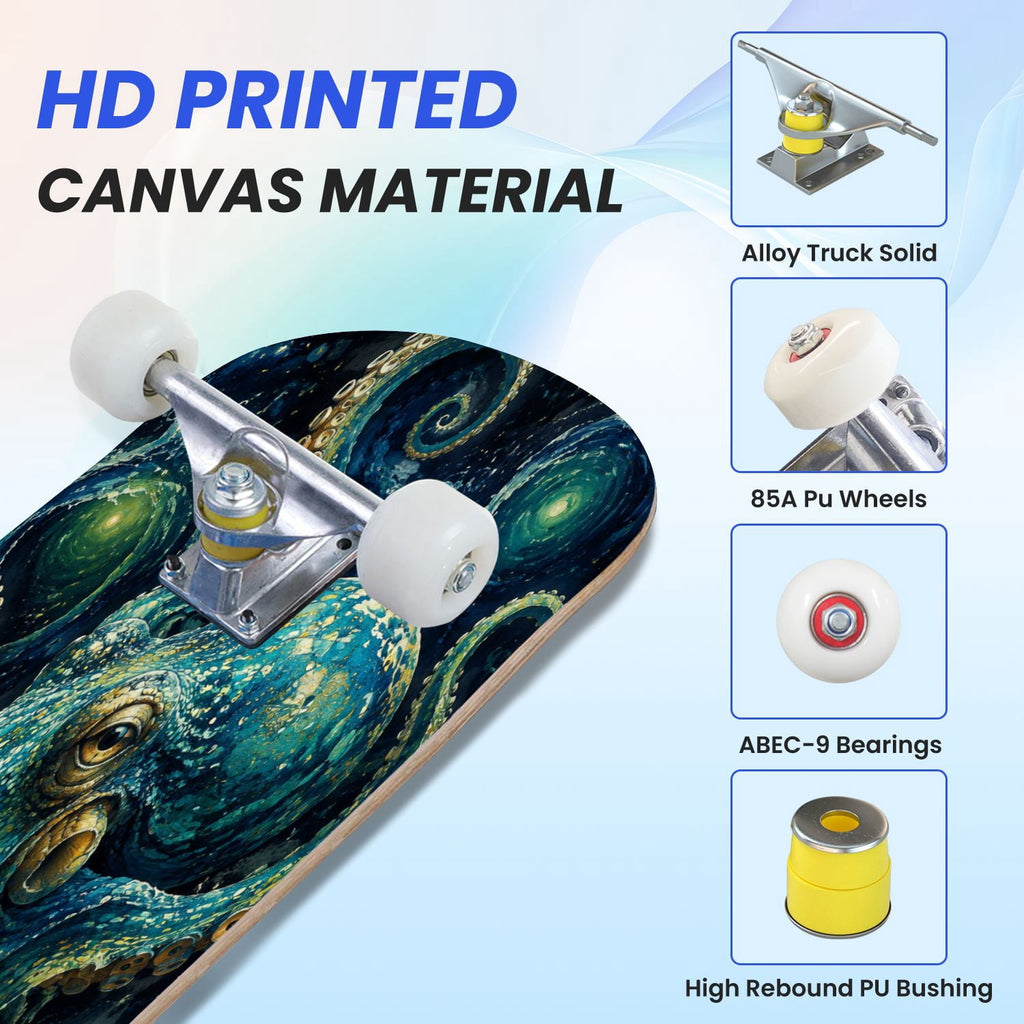31"x8" Complete Skateboards for Beginners, Colorful Underwater Two Seahorses Coral Reefs Double Kick 7 Ply Canadian Maple Deck Skateboard with Wheels, Gifts for Kids Teens