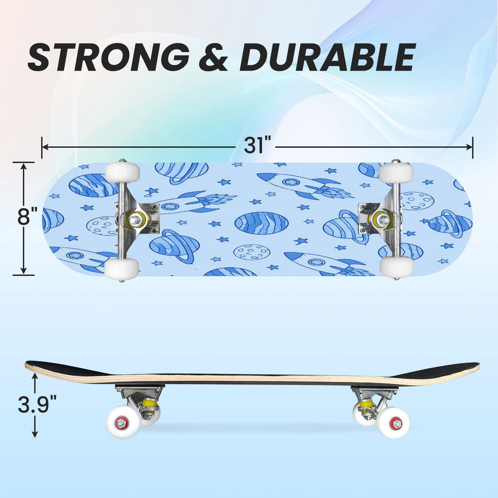 31"x8" Complete Skateboards for Beginners,Blue White Vintage Floral Roses Ornate Swirls Double Kick 7 Ply Canadian Maple Deck Skateboard with Wheels, Gifts for Kids Teens