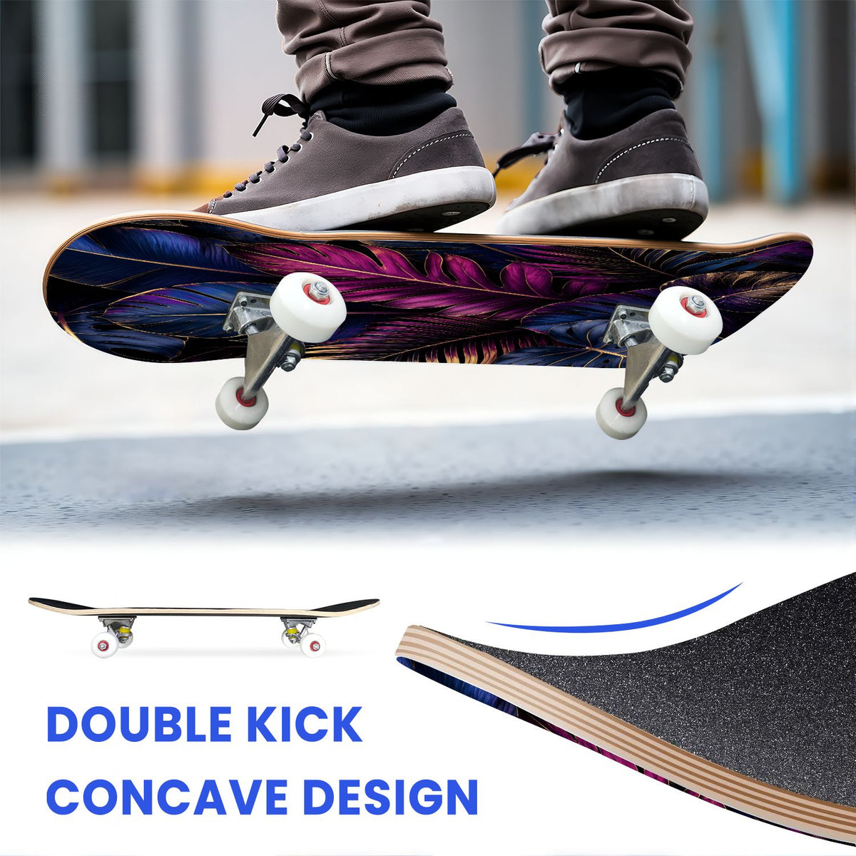 31"x8" Complete Skateboards for Beginners, Vibrant Purple Teal Floral Artwork Golden Accents Vintage Double Kick 7 Ply Canadian Maple Deck Skateboard with Wheels, Gifts for Kids Teens
