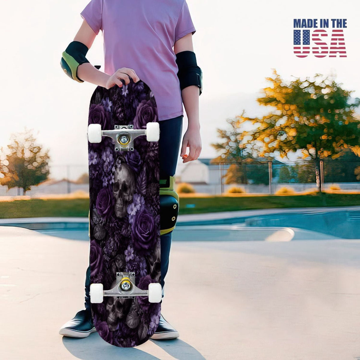 31"x8" Complete Skateboards for Beginners, Vibrant Purple Teal Floral Artwork Golden Accents Vintage Double Kick 7 Ply Canadian Maple Deck Skateboard with Wheels, Gifts for Kids Teens