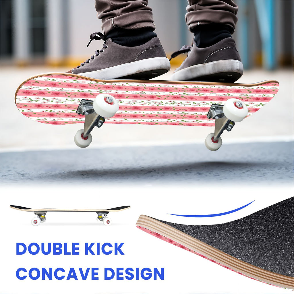 31"x8" Complete Skateboards for Beginners, Pink Floral Striped Delicate Leaves Flowers Botanical Double Kick 7 Ply Canadian Maple Deck Skateboard with Wheels, Gifts for Girls Teens