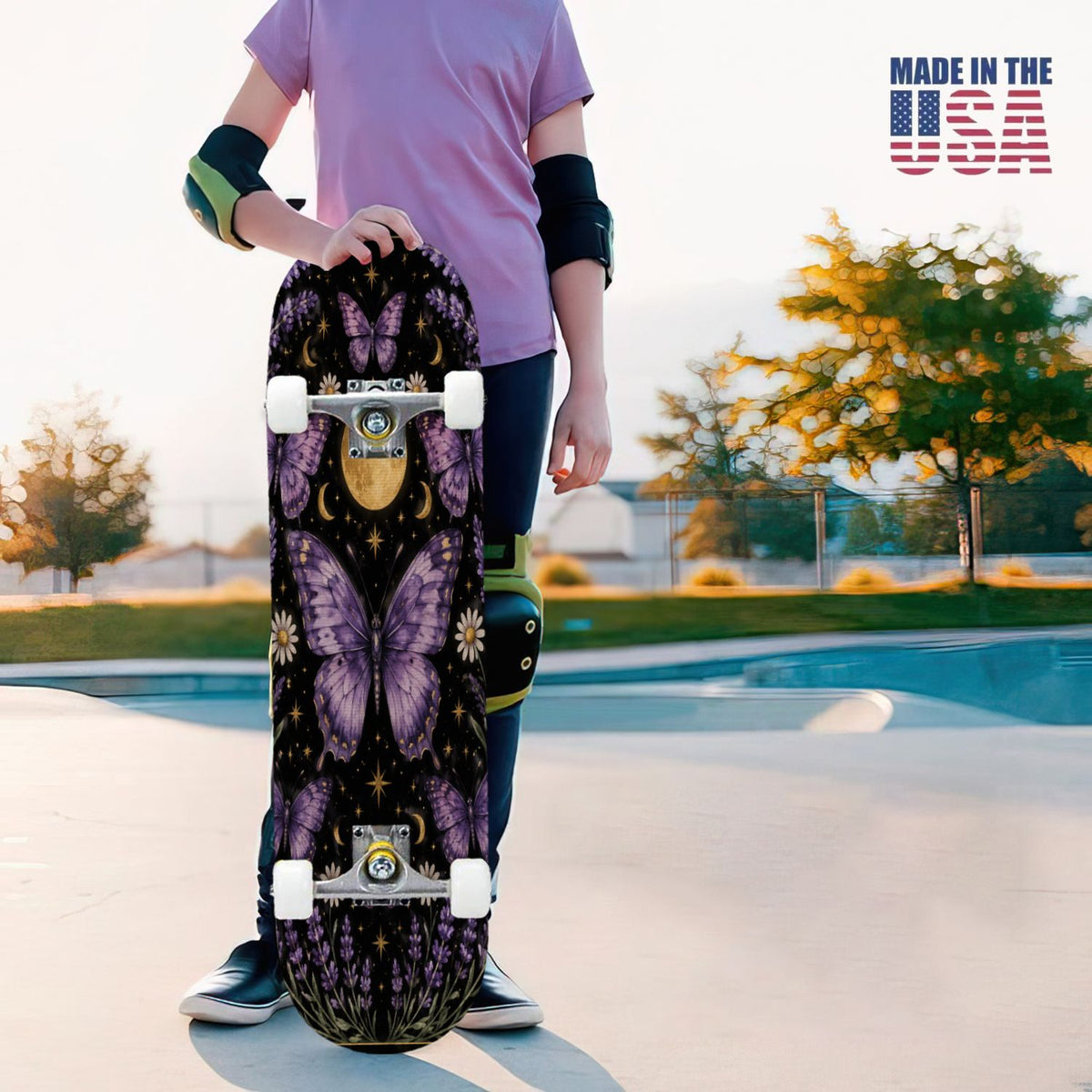 31"x8" Complete Skateboards for Beginners, Blue Moth Moonlight Flowers Mushrooms Forest Double Kick 7 Ply Canadian Maple Deck Skateboard with Wheels, Gifts for Kids Teens