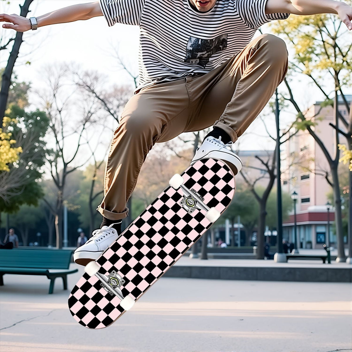 31"x8" Complete Skateboards for Beginners,Black Pink Checkered Retro Aesthetic Double Kick 7 Ply Canadian Maple Deck Skateboard with Wheels, Gifts for Kids Teens