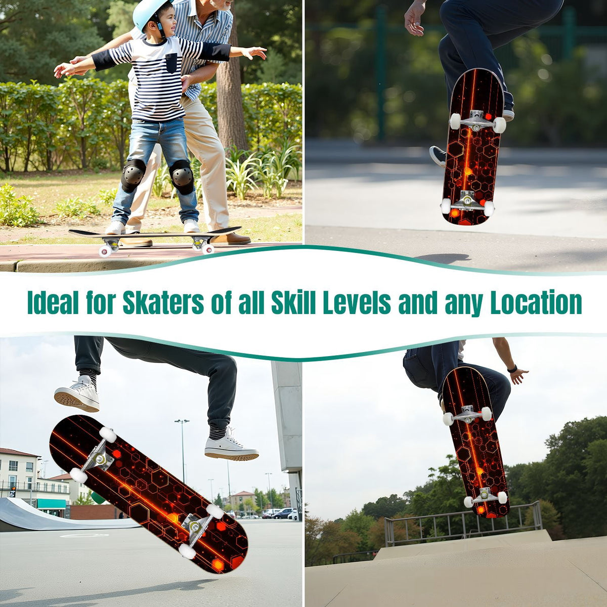 Glowing Futuristic Cubic Tunnel Metallic Tiles Bright Light 31" x 8" Complete Skateboard, 7-Ply Canadian Maple Double Kick Trick Board for Kids and Beginners Adult Gifts