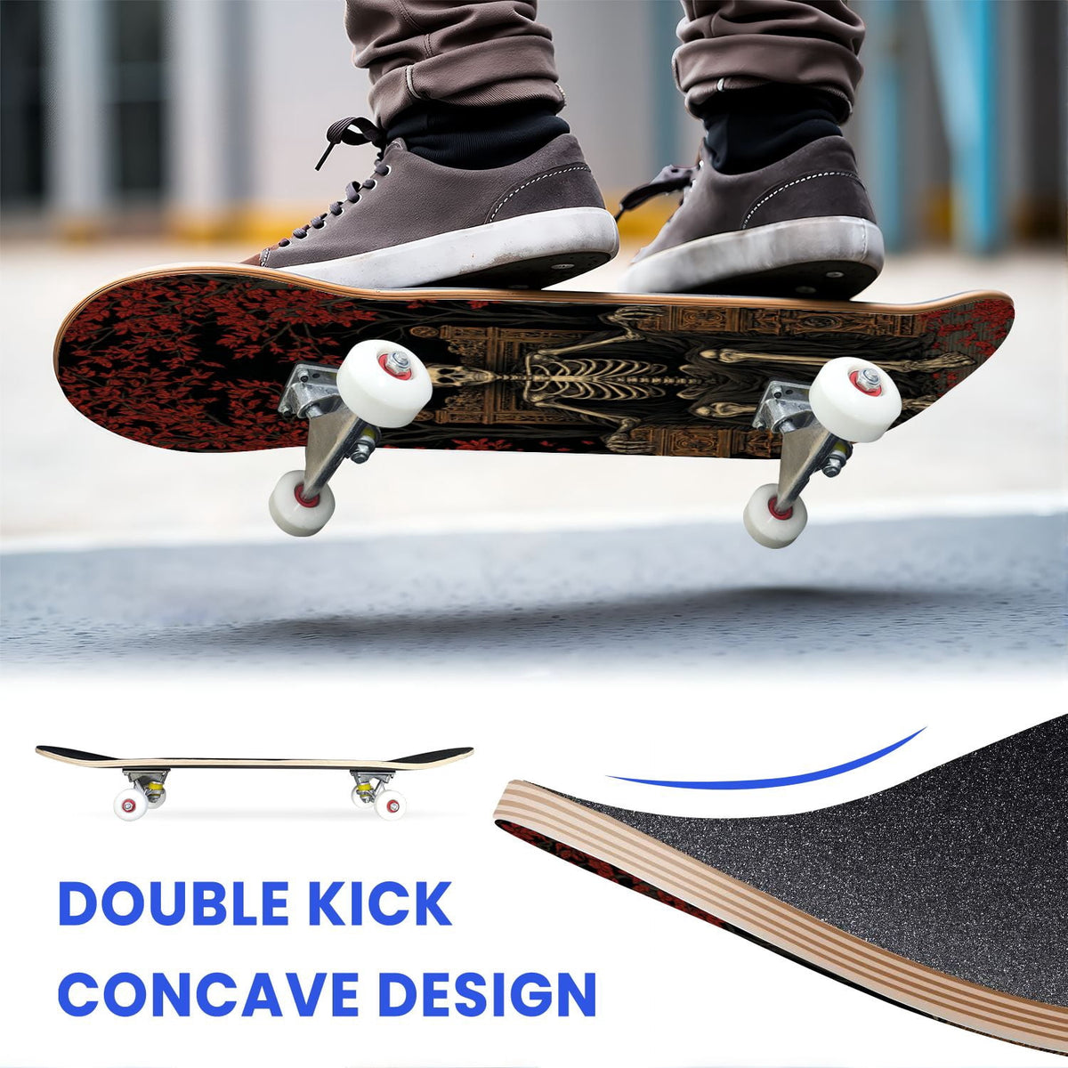 31"x8" Complete Skateboards for Beginners, Romantic Skeletons Blooming Roses Dark Academia Double Kick 7 Ply Canadian Maple Deck Skateboard with Wheels, Gifts for Kids Teens