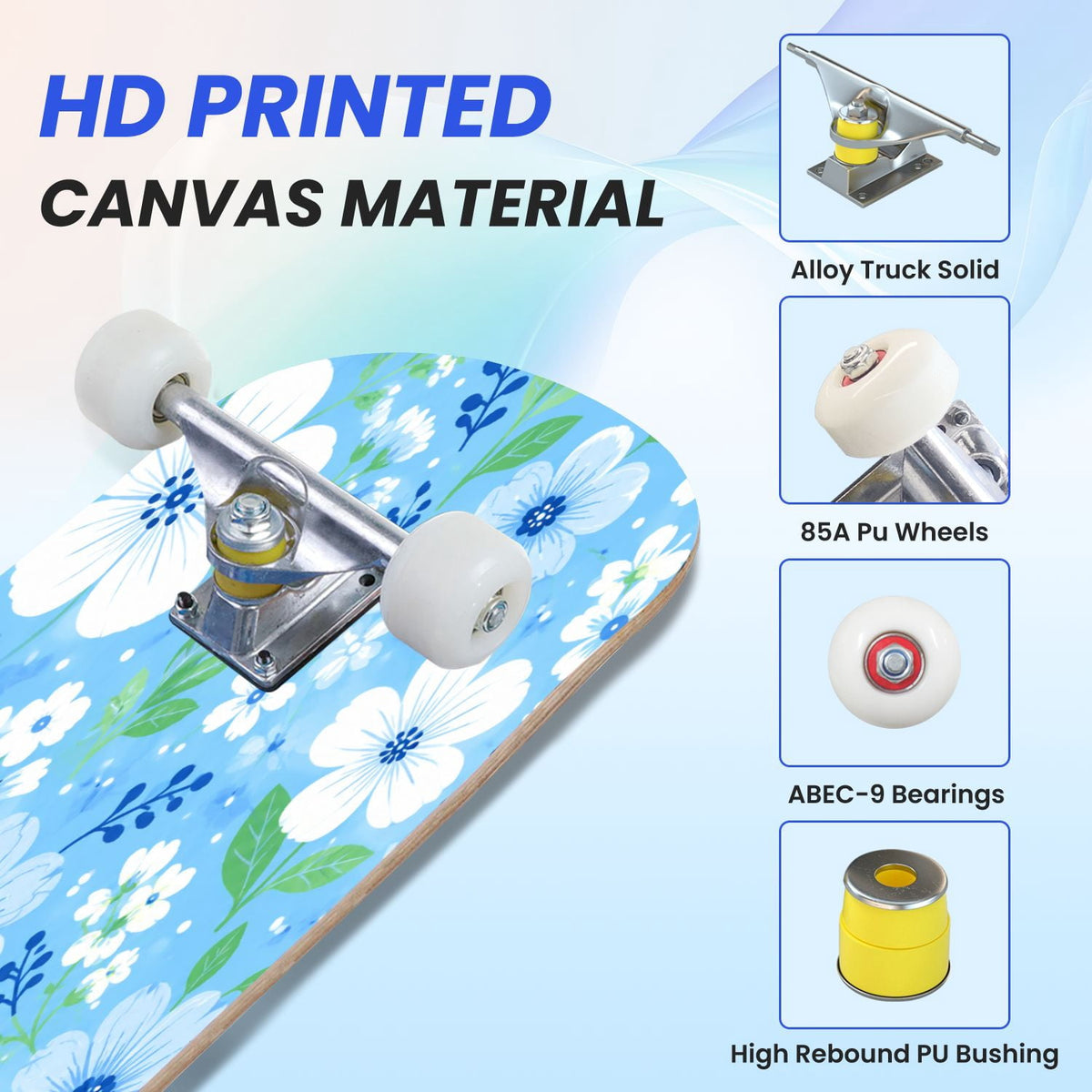 31"x8" Complete Skateboards for Beginners,Elegant White Blue Flowers Soft Petals Dreamy Artistic Double Kick 7 Ply Canadian Maple Deck Skateboard with Wheels, Gifts for Kids Teens