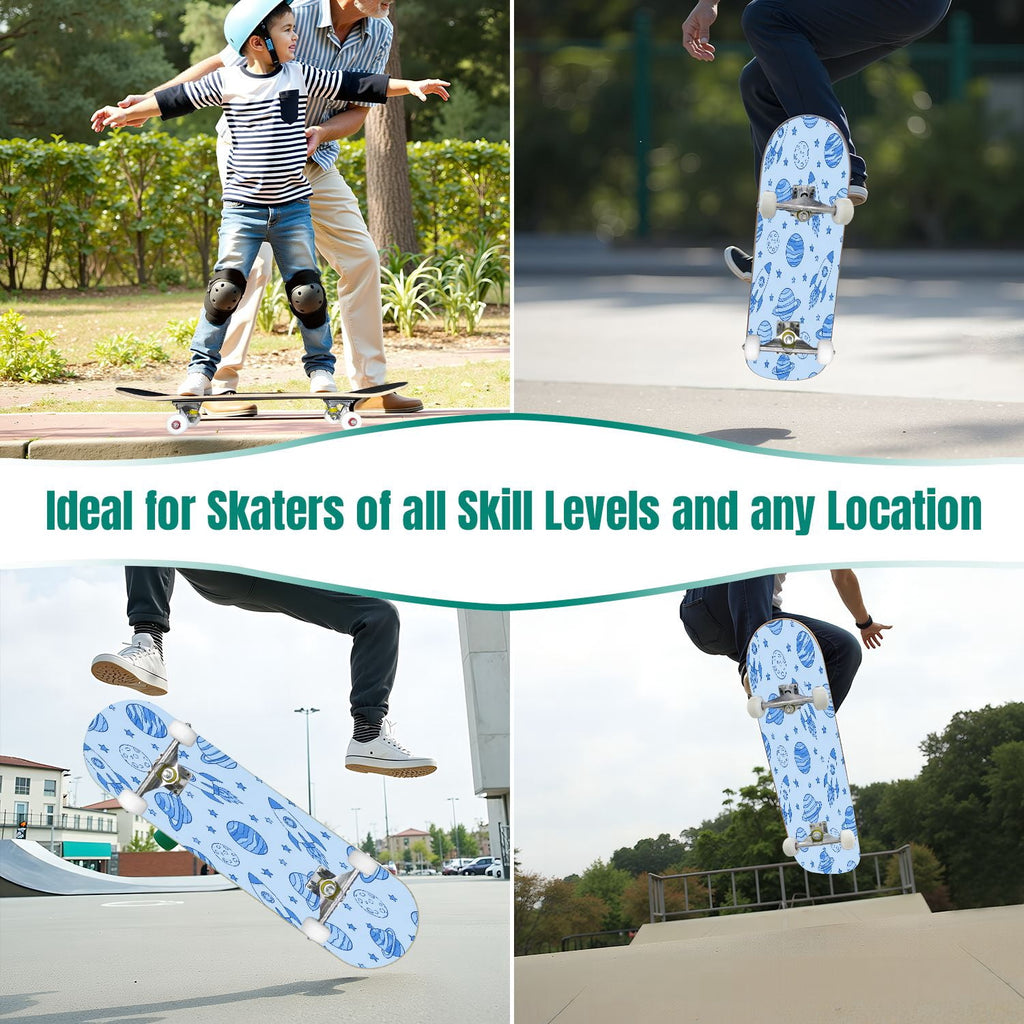31"x8" Complete Skateboards for Beginners,Blue White Vintage Floral Roses Ornate Swirls Double Kick 7 Ply Canadian Maple Deck Skateboard with Wheels, Gifts for Kids Teens