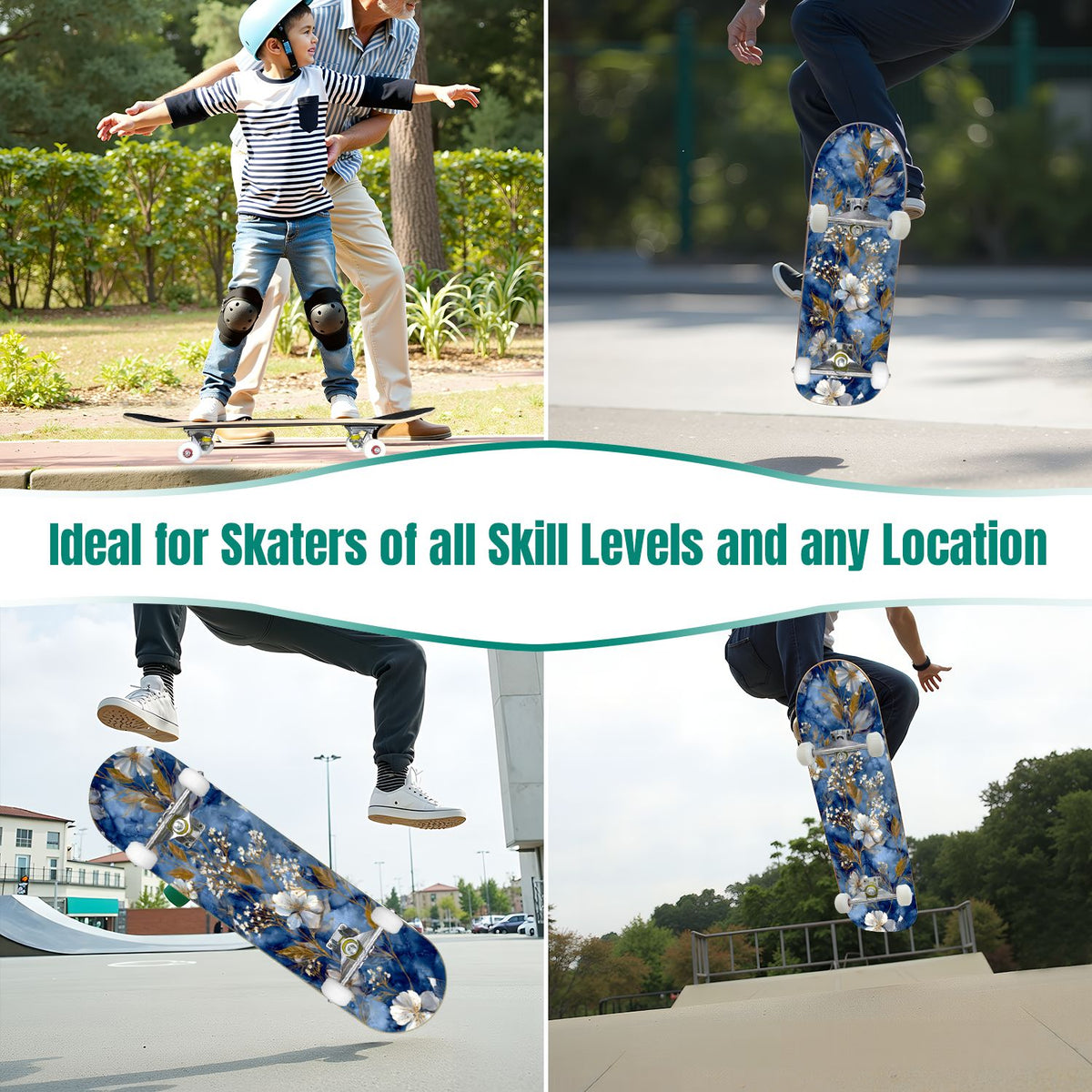 Golden Floral Line Art Seamless 31" x 8" Complete Skateboard, 7-Ply Canadian Maple Double Kick Trick Board for Kids and Beginners Adult Gifts