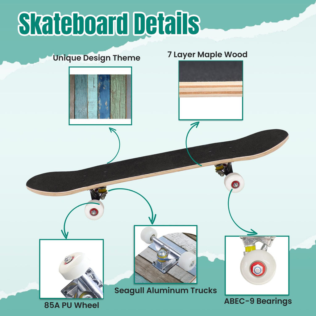 Seashells Starfish Sandy Beach Soft Lighting 31" x 8" Complete Skateboard, 7-Ply Canadian Maple Double Kick Trick Board for Kids and Beginners Adult Gifts