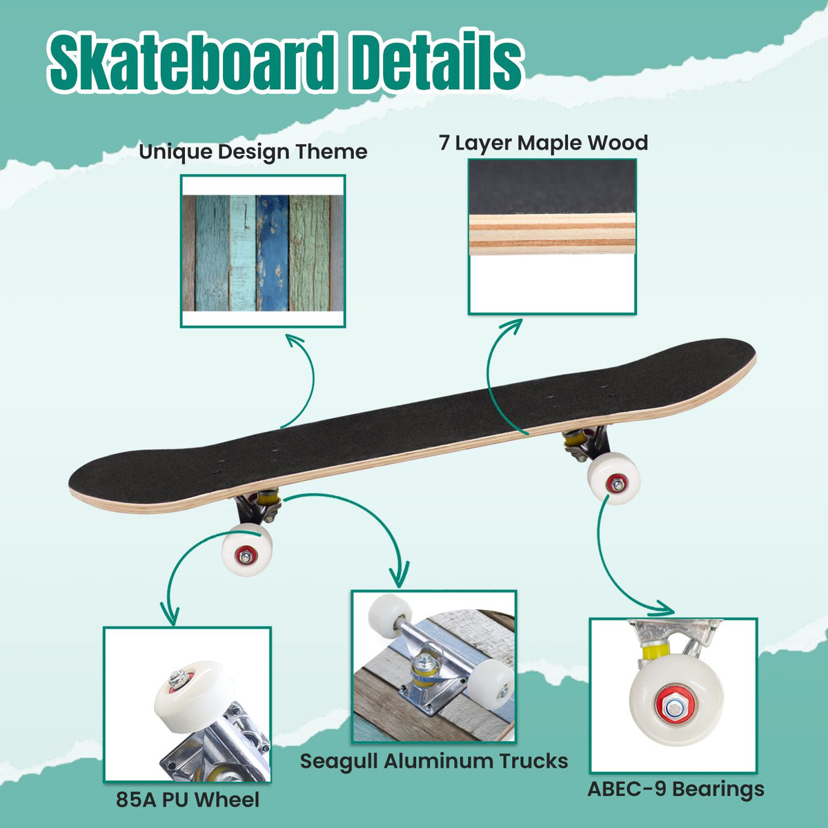 Seashells Starfish Sandy Beach Soft Lighting 31" x 8" Complete Skateboard, 7-Ply Canadian Maple Double Kick Trick Board for Kids and Beginners Adult Gifts