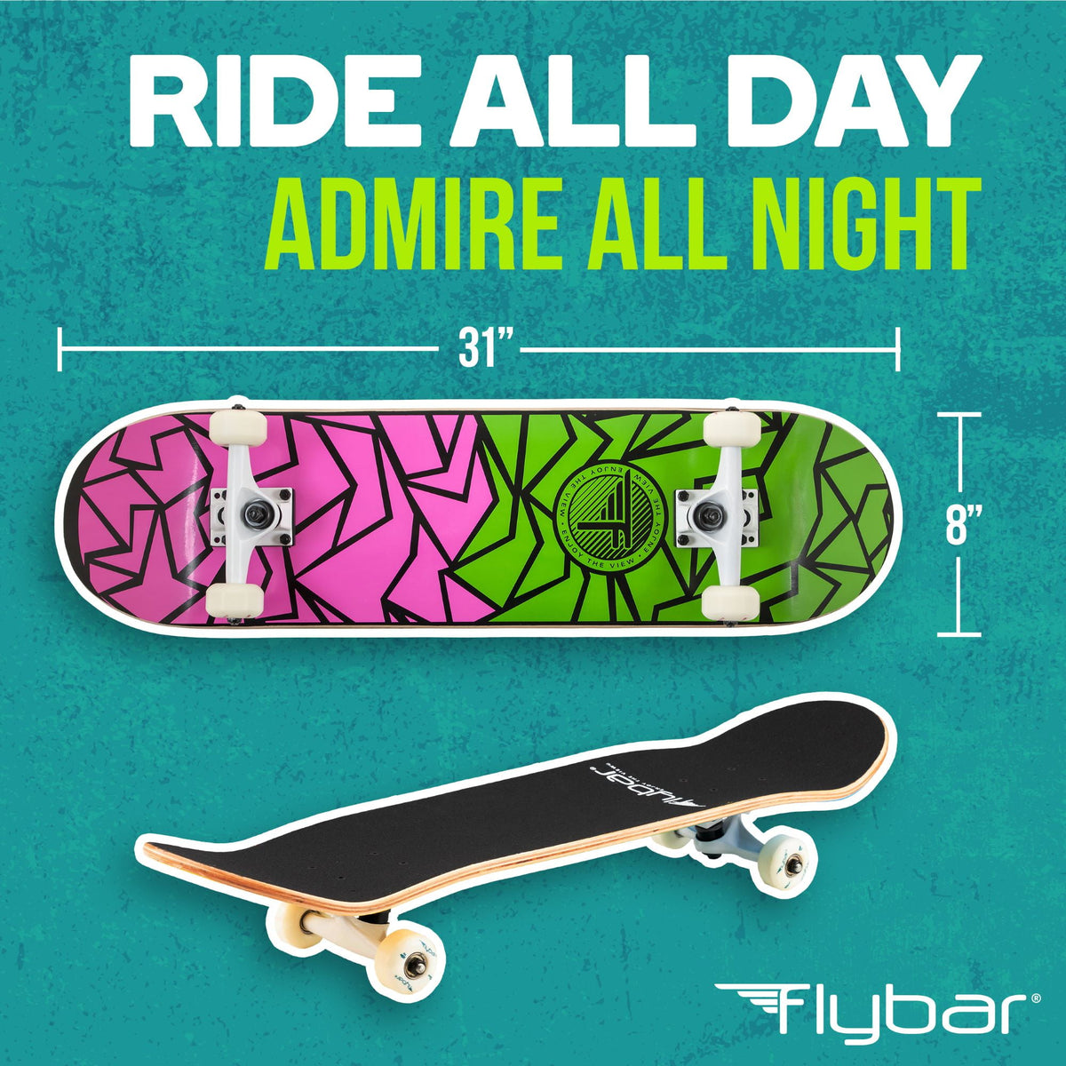 Flybar Skateboards for Beginners, Complete Standard 31 Inch Skateboard, Double Kick, 8" Deck, Lightweight, Stickers