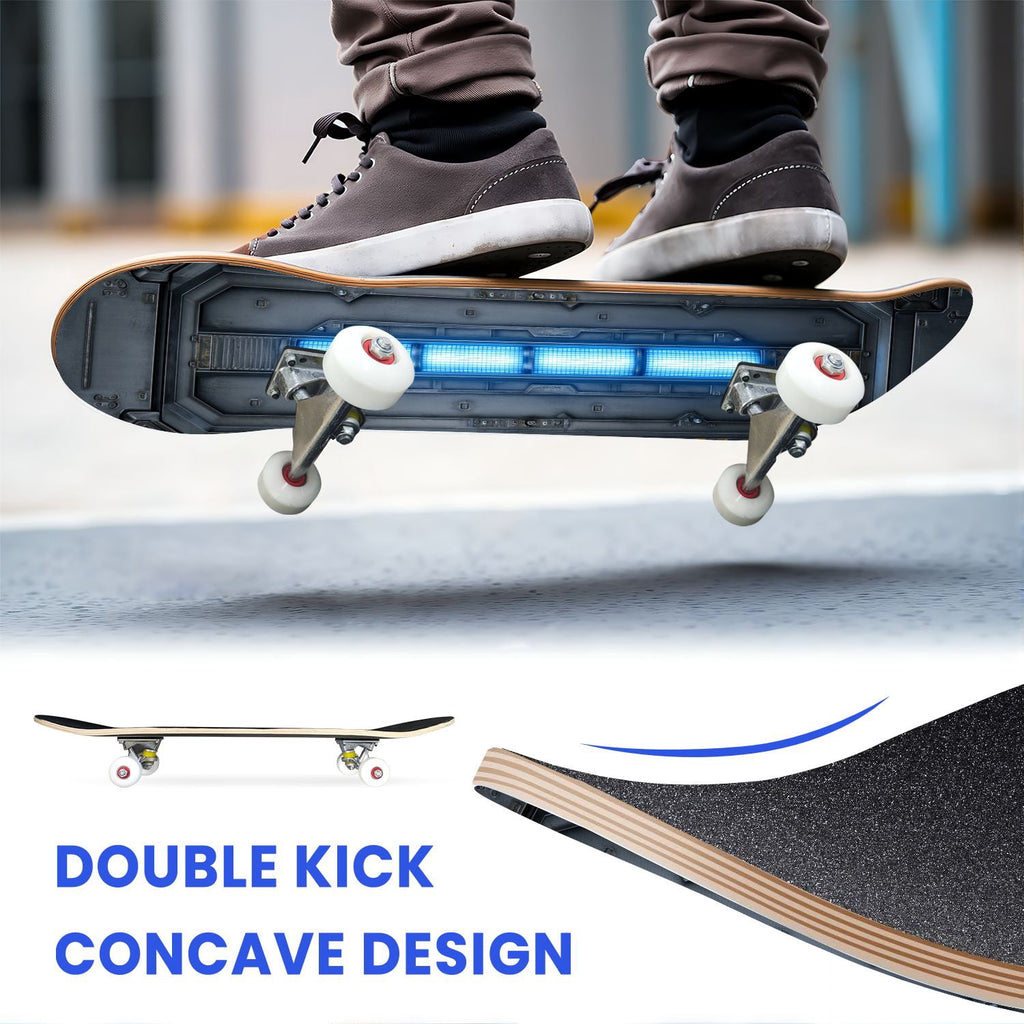 31"x8" Complete Skateboards for Beginners,Geometric Hexagon Glowing Neon Blue Purple Double Kick 7 Ply Canadian Maple Deck Skateboard with Wheels, Gifts for Kids Teens