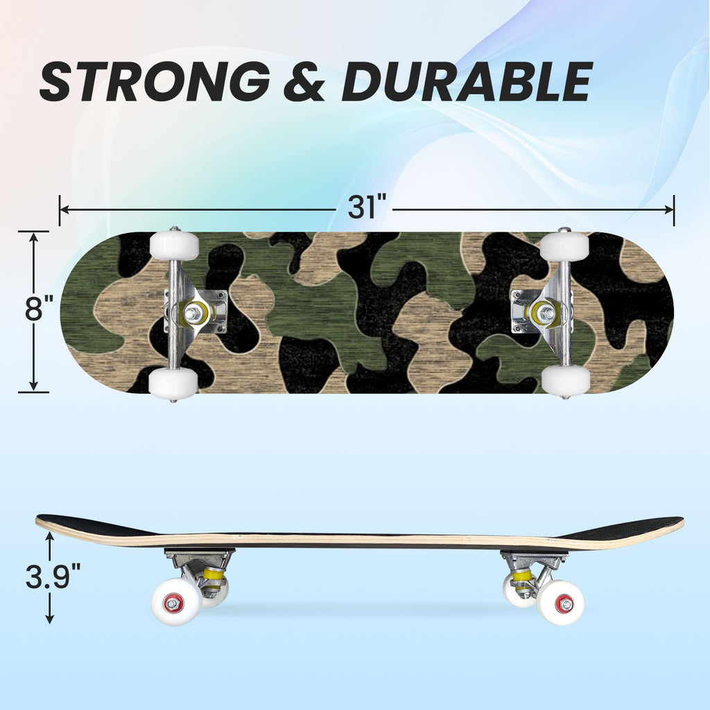 31"x8" Complete Skateboards for Beginners,Abstract Natural Earthy Tones Brush Strokes Camouflage Double Kick 7 Ply Canadian Maple Deck Skateboard with Wheels, Gifts for Kids Teens