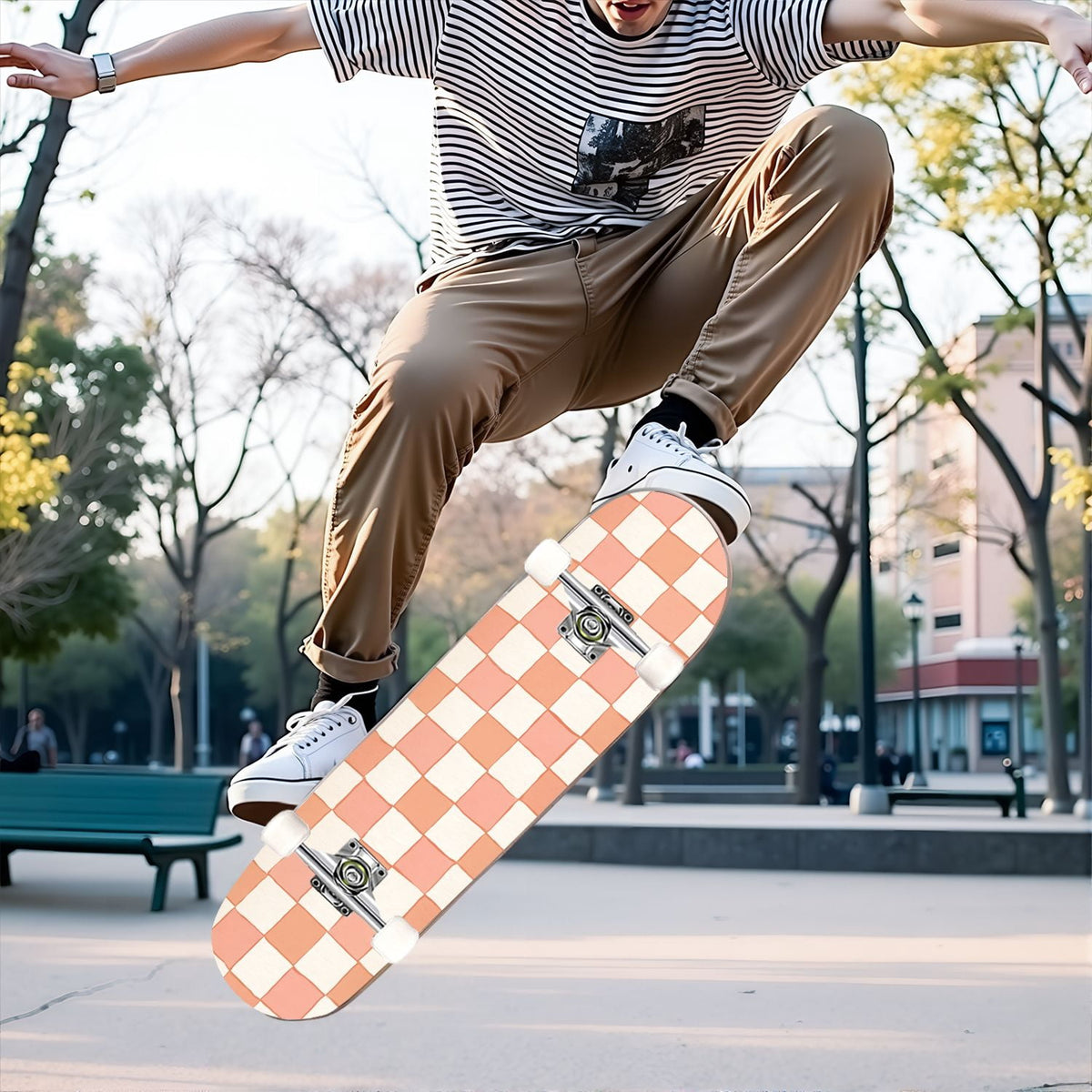 31"x8" Complete Skateboards for Beginners,Colorful Geometric Tile Multicolored Squares Double Kick 7 Ply Canadian Maple Deck Skateboard with Wheels, Gifts for Kids Teens