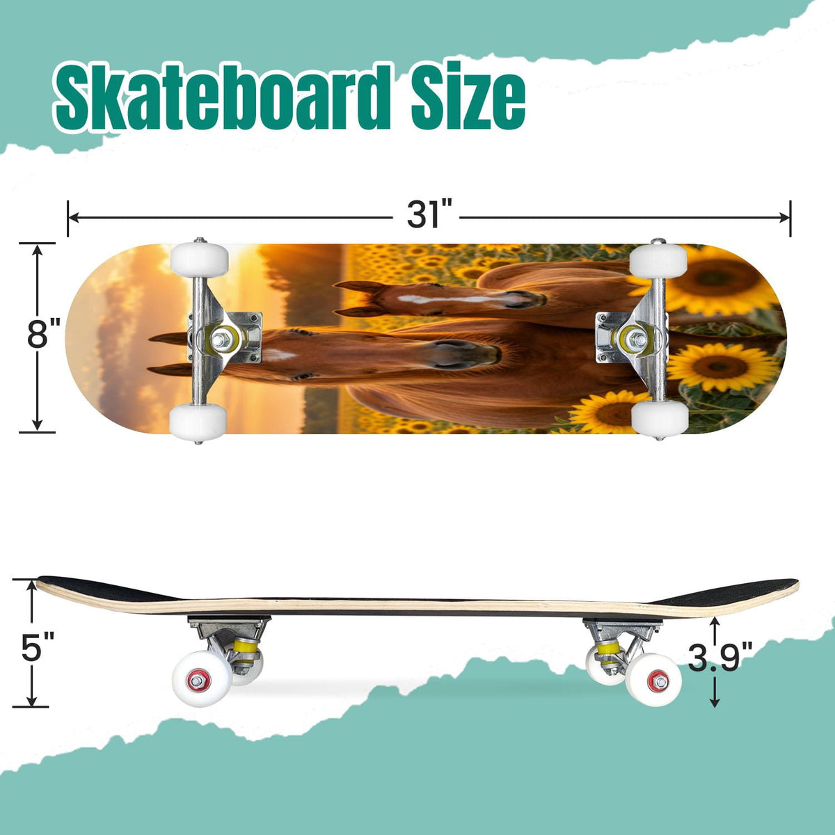 Rose Teal Rose Painting Turquoise Blue Flower Kitchen Decor 31" x 8" Complete Skateboard, 7-Ply Canadian Maple Double Kick Trick Board for Kids and Beginners Adult Gifts