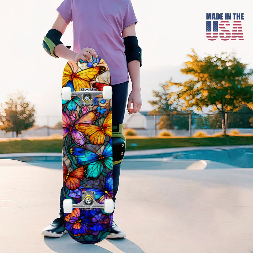 31"x8" Complete Skateboards for Beginners, Vibrant Stained Glass Window Butterflies Flowers Double Kick 7 Ply Canadian Maple Deck Skateboard with Wheels, Gifts for Kids Teens