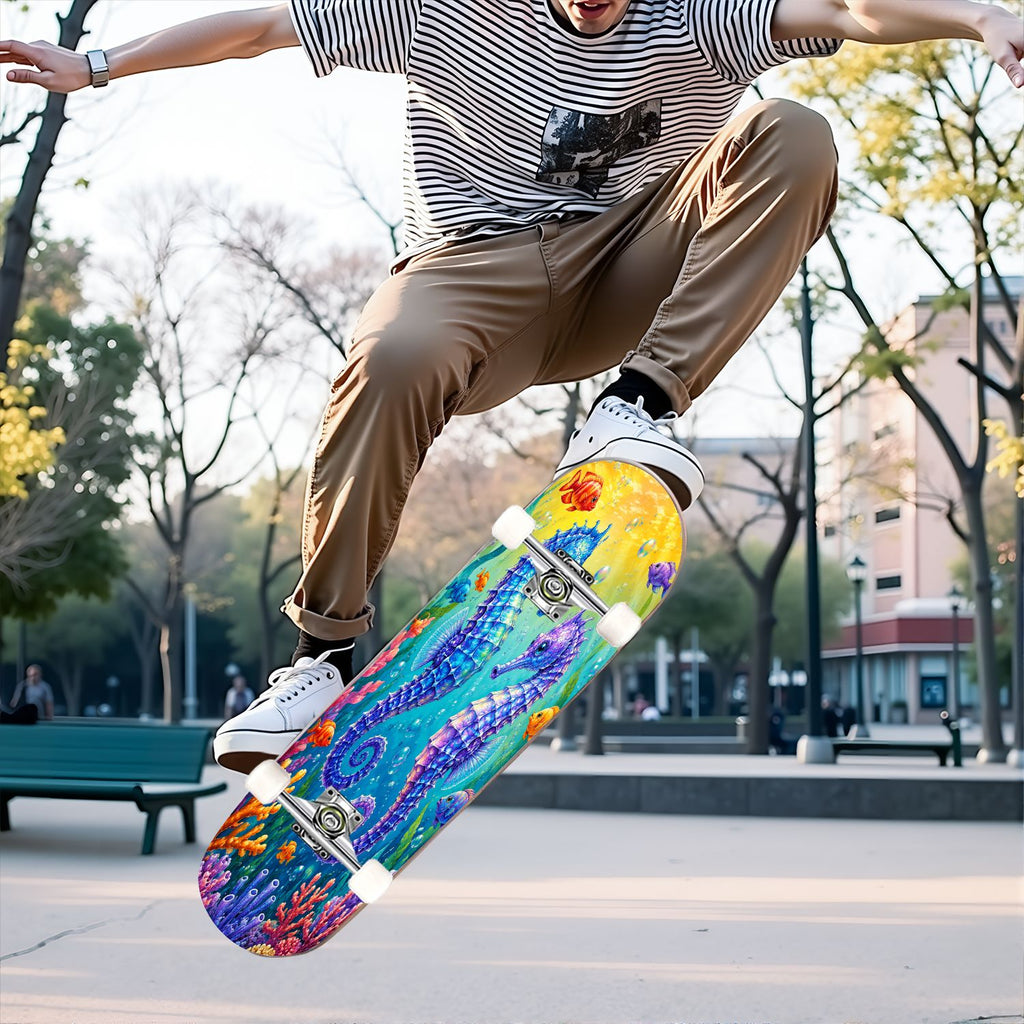 31"x8" Complete Skateboards for Beginners, Colorful Cosmic Octopus Tentacles Starry Marine Life Double Kick 7 Ply Canadian Maple Deck Skateboard with Wheels, Gifts for Kids Teens