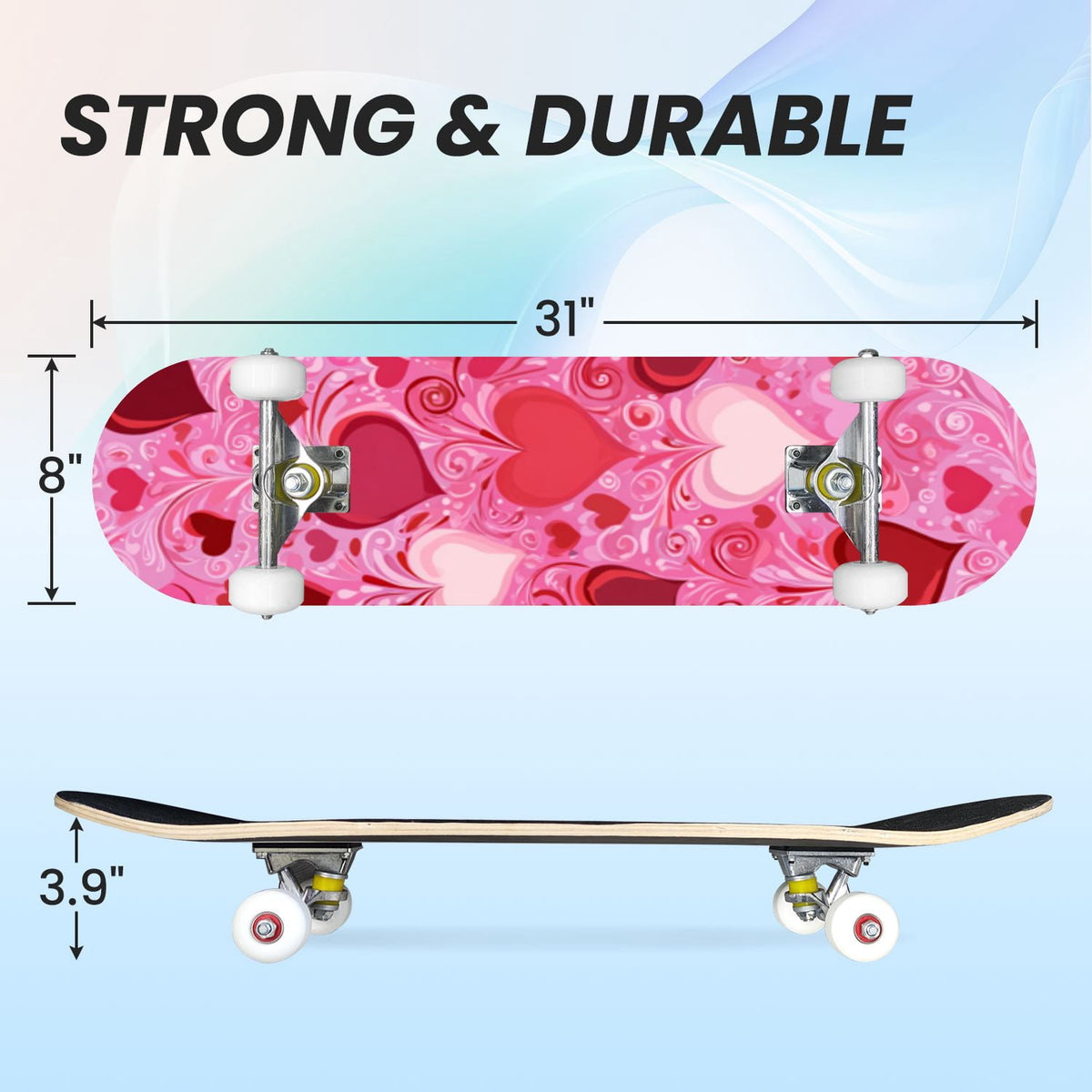 31"x8" Complete Skateboards for Beginners, Soft Blue Cream Striped Design Double Kick 7 Ply Canadian Maple Deck Skateboard with Wheels, Gifts for Kids Teens