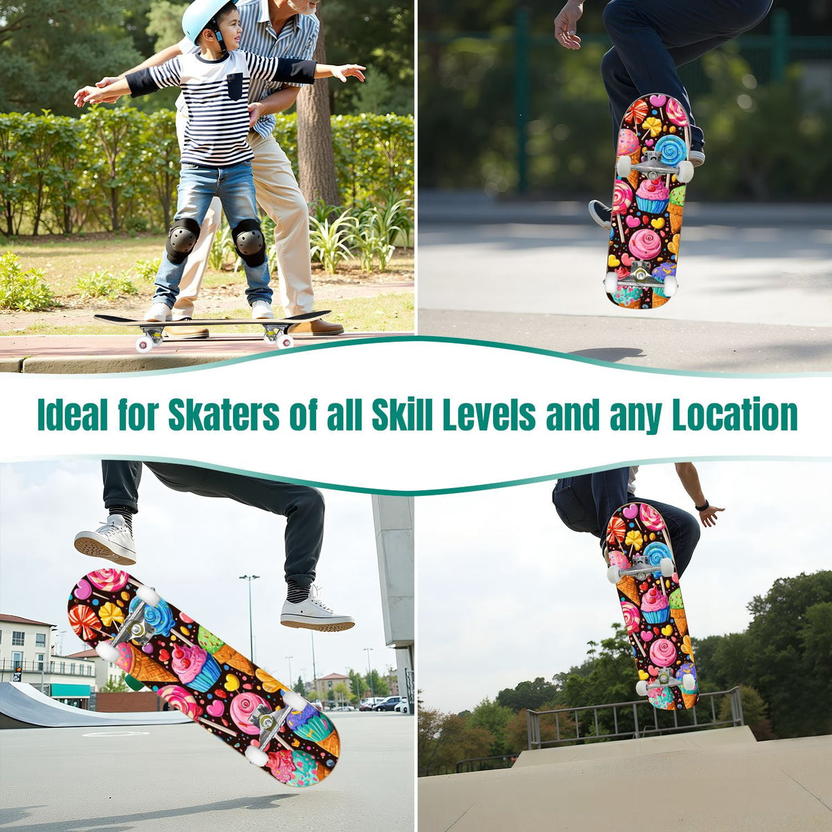 31"x8" Complete Skateboards for Beginners,Cartoon Hand Drawn Ice Cream Doodles Seamless Cones Cupcakes Double Kick 7 Ply Canadian Maple Deck Skateboard with Wheels, Gifts for Kids Teens