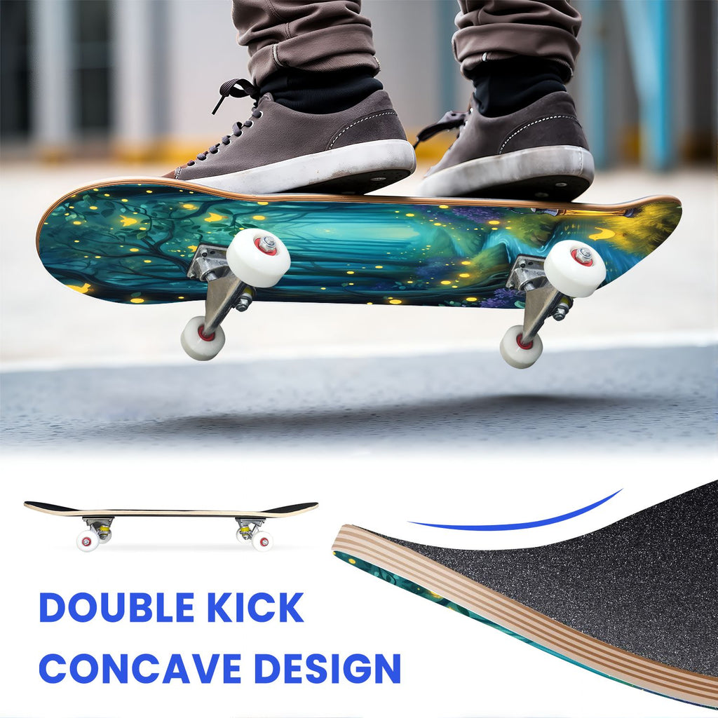 31"x8" Complete Skateboards for Beginners, Magical Forest Glowing Mushrooms Twinkling Fantasy Double Kick 7 Ply Canadian Maple Deck Skateboard with Wheels, Gifts for Kids Teens