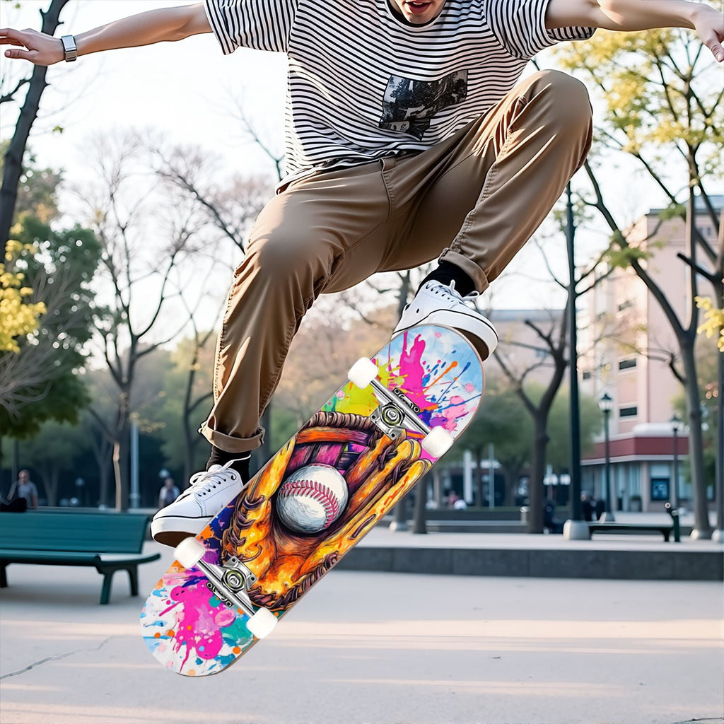 31"x8" Complete Skateboards for Beginners,Vintage Baseball Worn Red Stitches Rustic Double Kick 7 Ply Canadian Maple Deck Skateboard with Wheels, Sports Gifts for Kids Teens