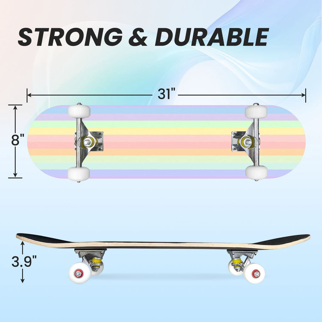 31"x8" Complete Skateboards for Beginners,Pastel Pink Vertical Stripe Minimalist Soft Design Double Kick 7 Ply Canadian Maple Deck Skateboard with Wheels, Gifts for Kids Teens
