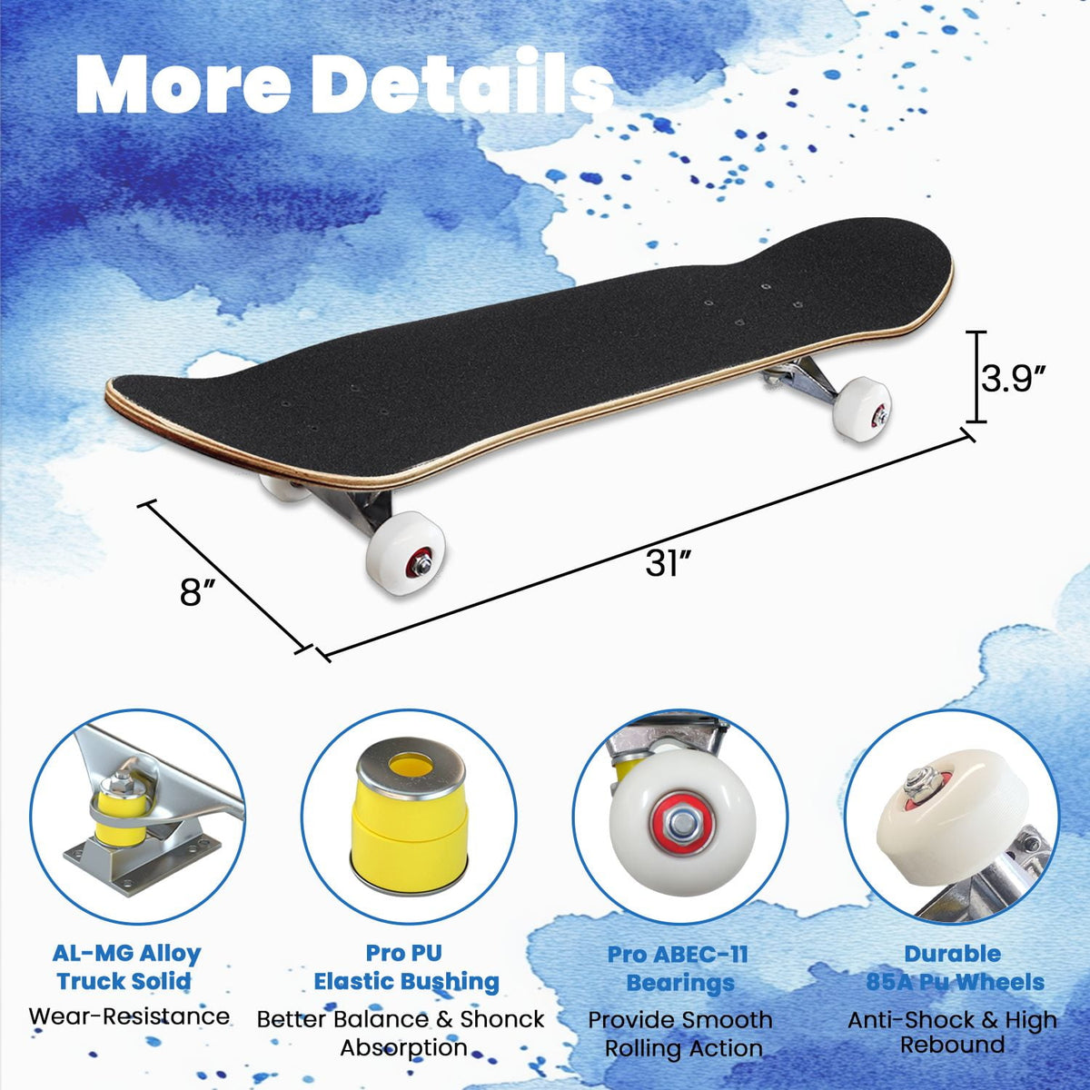 Complete Skateboard Colorful Hearts 31 Inch 7-Ply Maple Skateboard with PU Wheels and Aluminum Trucks, Ready-to-Ride Skateboard for Beginners, Teens and Adults