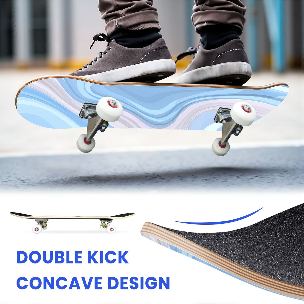 31"x8" Complete Skateboards for Beginners, Abstract Pastel Swirl Soft Earthy Tones Double Kick 7 Ply Canadian Maple Deck Skateboard with Wheels, Gifts for Kids Teens