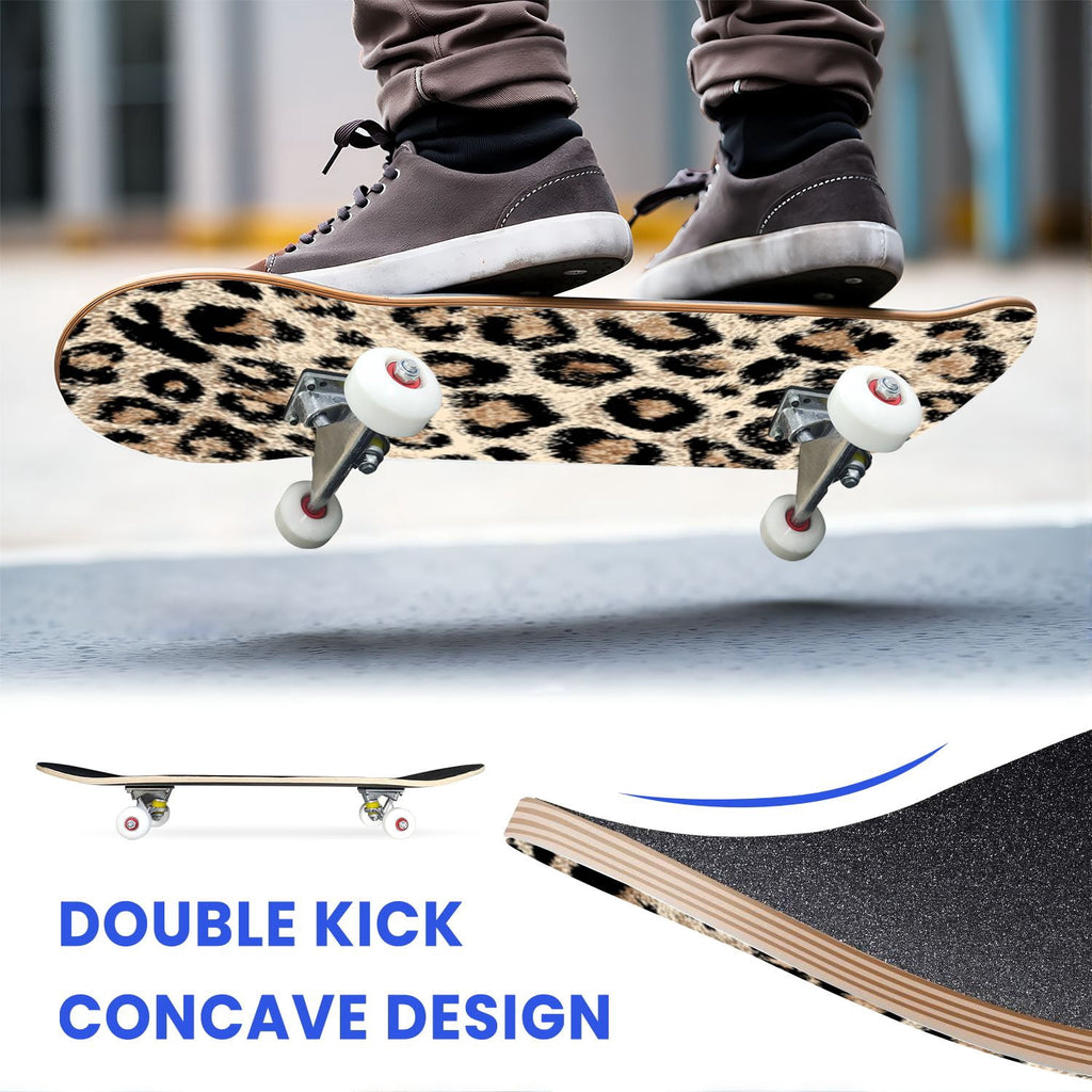 31"x8" Complete Skateboards for Beginners,Black Leopard Print Grey Double Kick 7 Ply Canadian Maple Deck Skateboard with Wheels, Gifts for Kids Teens