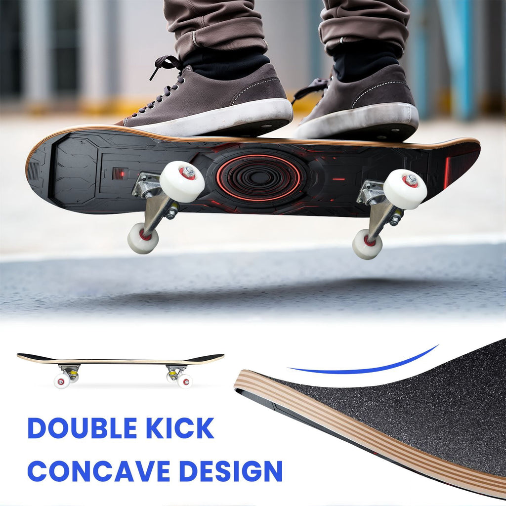 31"x8" Complete Skateboards for Beginners,Geometric Hexagon Glowing Neon Blue Purple Double Kick 7 Ply Canadian Maple Deck Skateboard with Wheels, Gifts for Kids Teens