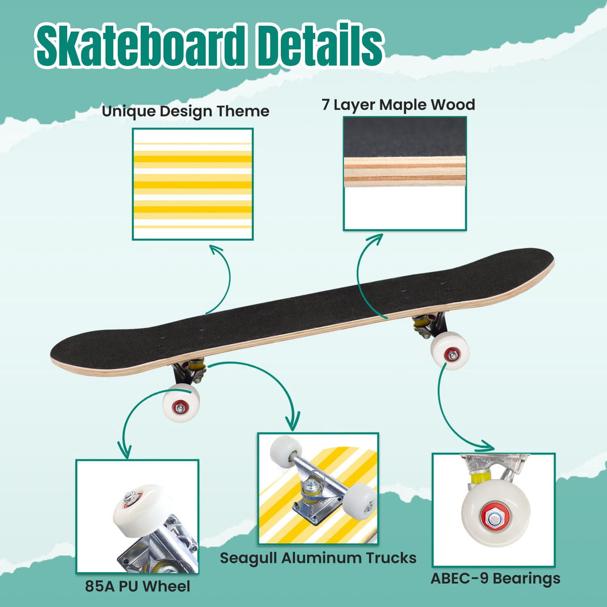 Yellow White Vertical Striped Soft Gradient Lines Minimalist Design 31" x 8" Complete Skateboard, 7-Ply Canadian Maple Double Kick Trick Board for Kids and Beginners Adult Gifts