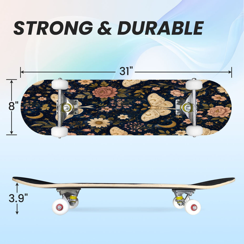 31"x8" Complete Skateboards for Beginners, Colorful Butterfly Blooming Flowers Under Full Moon Starry Double Kick 7 Ply Canadian Maple Deck Skateboard with Wheels, Gifts for Kids Teens