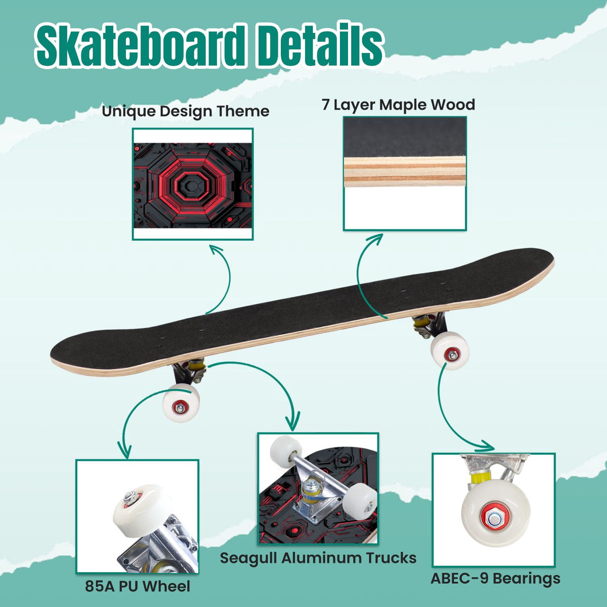 Futuristic Blue Abstract Technology Glowing Core 31" x 8" Complete Skateboard, 7-Ply Canadian Maple Double Kick Trick Board for Kids and Beginners Adult Gifts