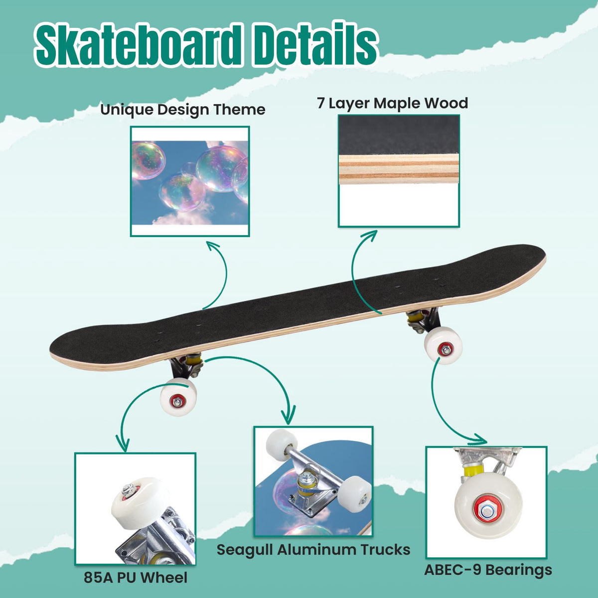 Monstera Leaves Leopard Print Seamless Earth Tones 31" x 8" Complete Skateboard, 7-Ply Canadian Maple Double Kick Trick Board for Kids and Beginners Adult Gifts