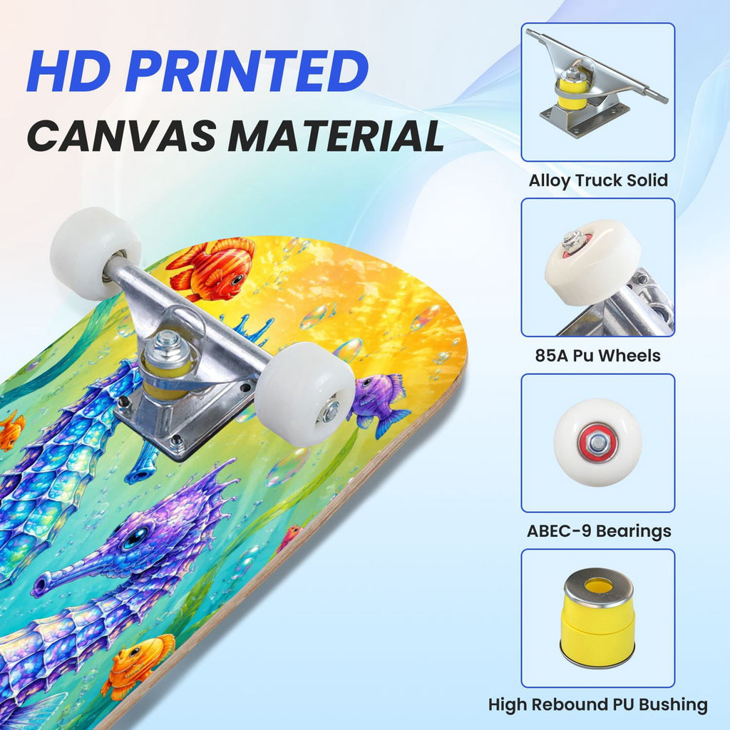 31"x8" Complete Skateboards for Beginners, Colorful Cosmic Octopus Tentacles Starry Marine Life Double Kick 7 Ply Canadian Maple Deck Skateboard with Wheels, Gifts for Kids Teens