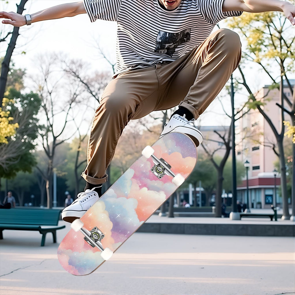 31"x8" Complete Skateboards for Beginners, Pastel Clouds Sparkles Dreamy Gradient Sky Summer Decor Double Kick 7 Ply Canadian Maple Deck Skateboard with Wheels, Gifts for Kids Teens