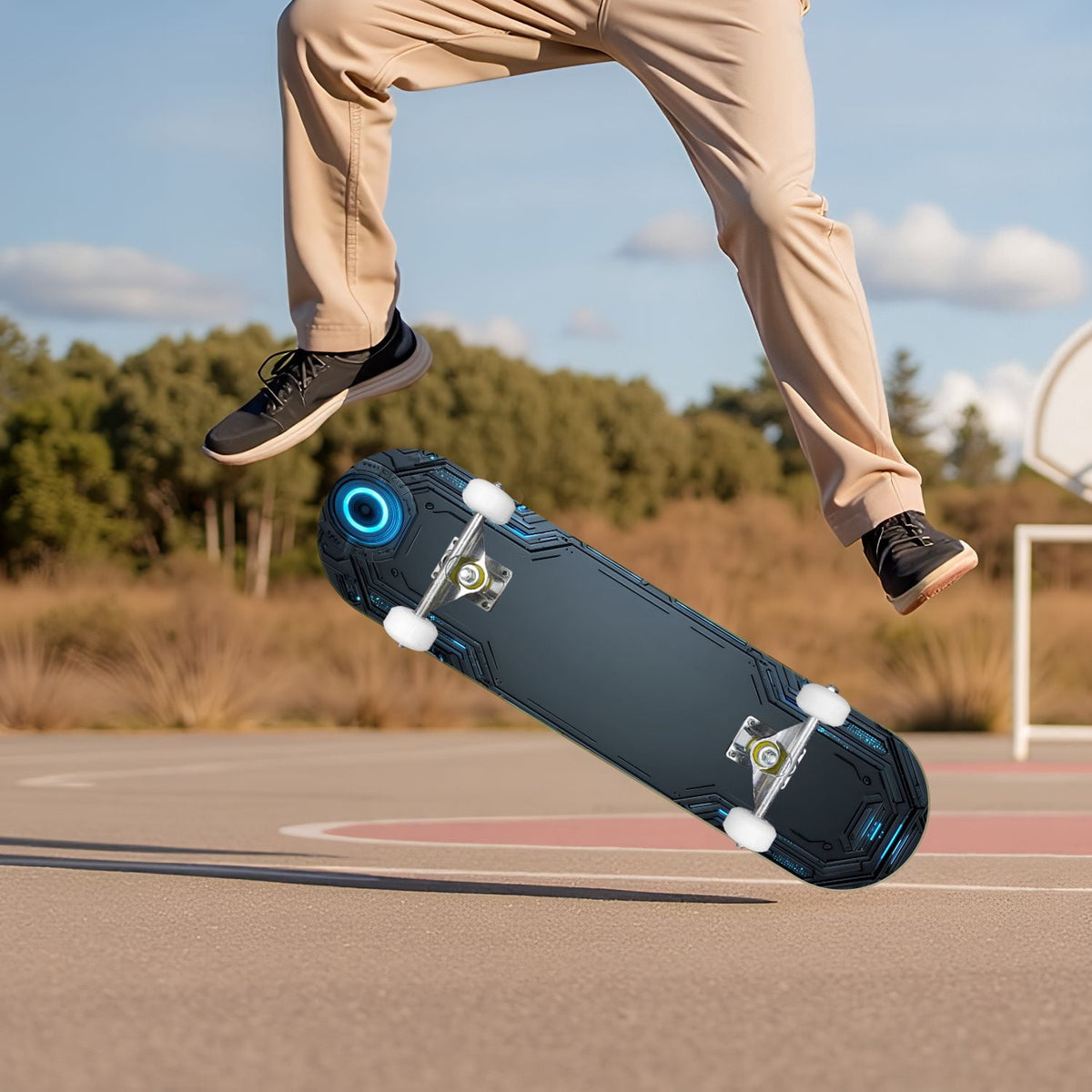 Futuristic Glowing Orange Neon Lines Dark Metallic Panels 31" x 8" Complete Skateboard, 7-Ply Canadian Maple Double Kick Trick Board for Kids and Beginners Adult Gifts