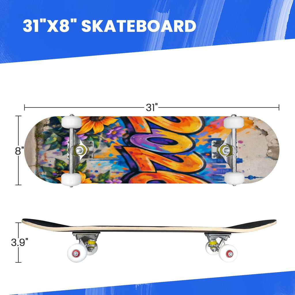 Complete Skateboard Vibrant Multicolored Abstract 31 Inch 7-Ply Maple Skateboard with PU Wheels and Aluminum Trucks, Ready-to-Ride Skateboard for Beginners, Teens and Adults