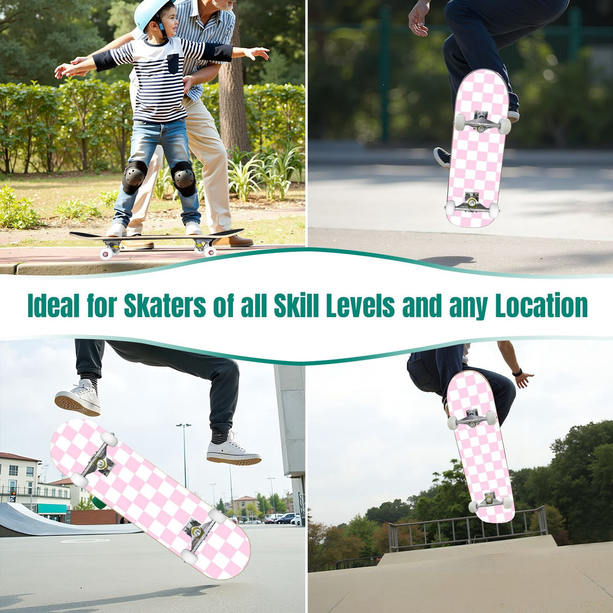 31"x8" Complete Skateboards for Beginners,Light Green White Gingham Checkered Double Kick 7 Ply Canadian Maple Deck Skateboard with Wheels, Gifts for Kids Teens