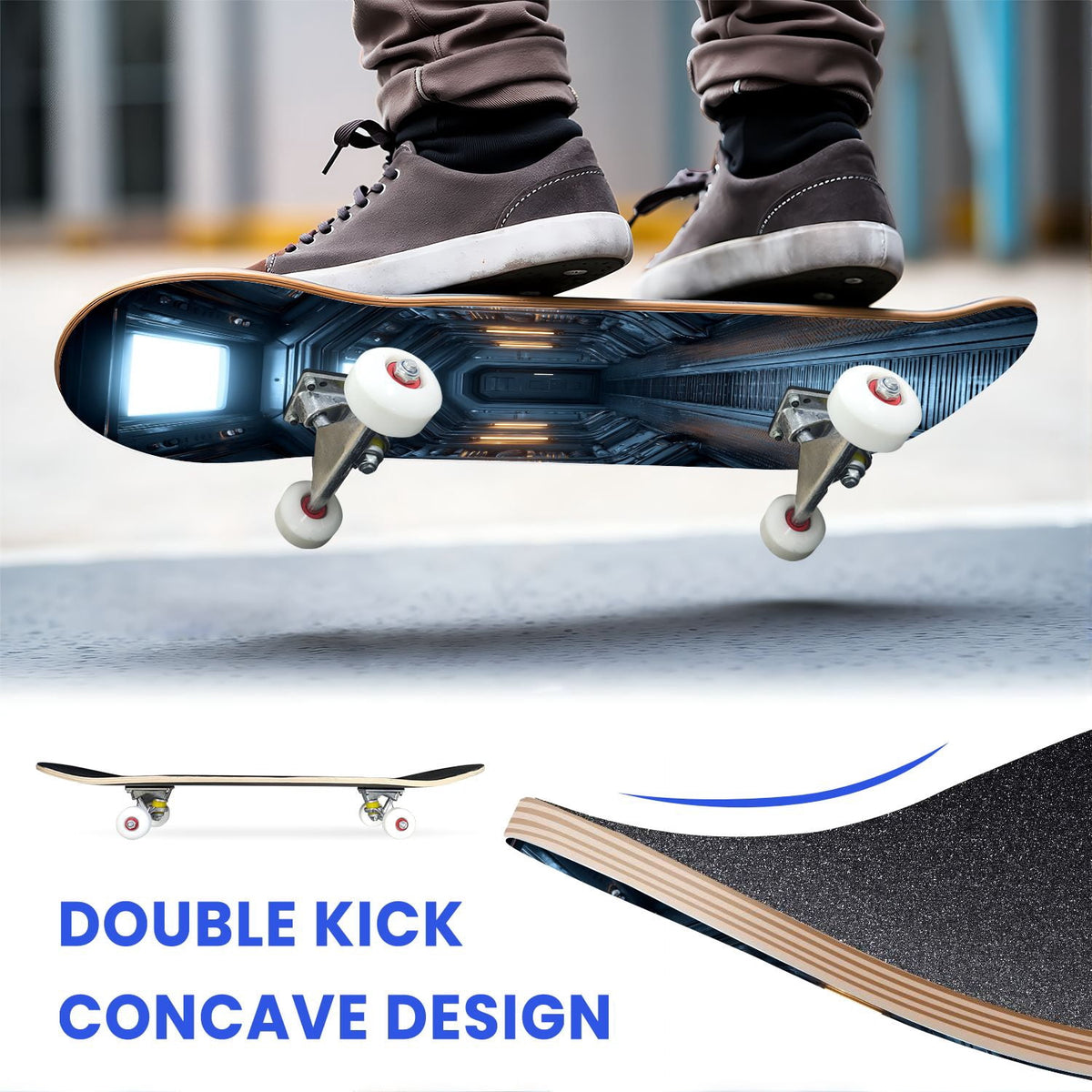 31"x8" Complete Skateboards for Beginners,Black Hexagon Honeycomb Glowing Blue Accents Double Kick 7 Ply Canadian Maple Deck Skateboard with Wheels, Gifts for Kids Teens
