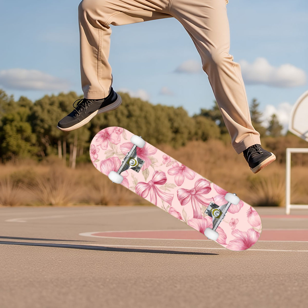 Delicate Pink Floral Ribbon Design 31" x 8" Complete Skateboard, 7-Ply Canadian Maple Double Kick Trick Board for Kids and Beginners Adult Gifts