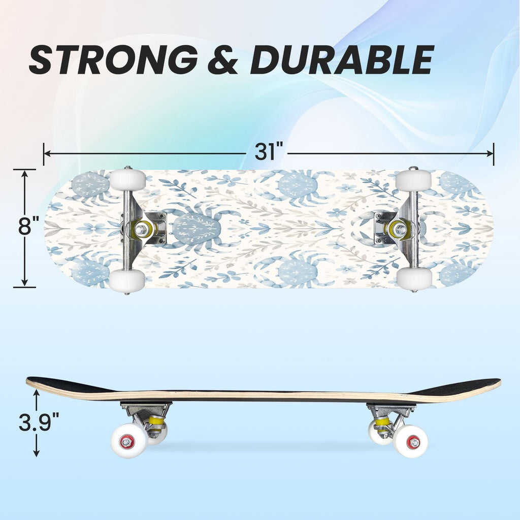 31"x8" Complete Skateboards for Beginners,Seamless Blue Watercolor Crabs Floral Accents Light Double Kick 7 Ply Canadian Maple Deck Skateboard with Wheels, Gifts for Kids Teens