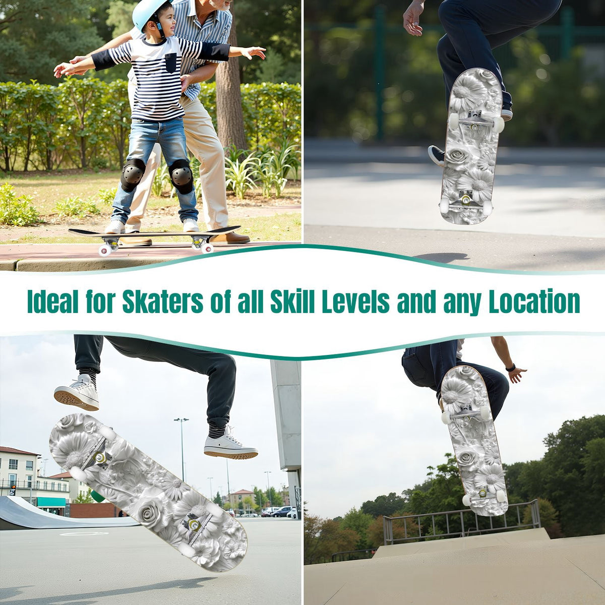 Delicate White Lotus Flowers Leaves Soft Blue 31" x 8" Complete Skateboard, 7-Ply Canadian Maple Double Kick Trick Board for Kids and Beginners Adult Gifts